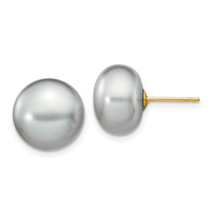 14k 11-12mm Grey Button FW Cultured Pearl Stud Post Earrings