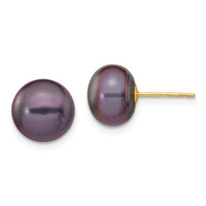 14k 9-10mm Black Button FW Cultured Pearl Stud Post Earrings