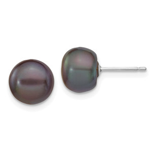 14k White Gold 8-9mm Black Button FW Cultured Pearl Stud Post Earrings