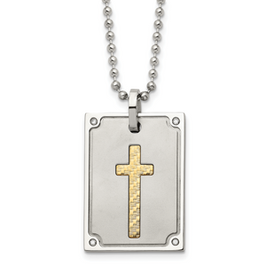 Stainless Steel with 18k Brushed and Polished 1/20ct Dia Cross Necklace