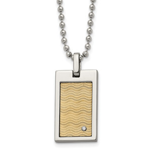 Chisel Stainless Steel Brushed and Polished with 18k Gold Accent .01carat Diamond Pendant on a 24 inch Ball Chain Necklace