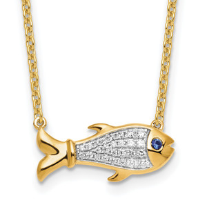 14K Lab Grown Diamond and Created Blue Sapphire Fish Necklace