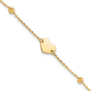 14K Polished and Diamond-cut Heart and Beads Plus 1in ext. Bracelet