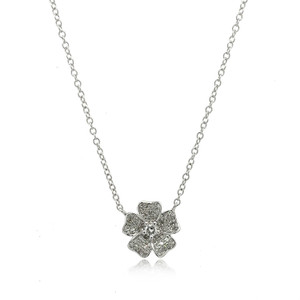 14K White Gold Pave Flower Diamond Necklace