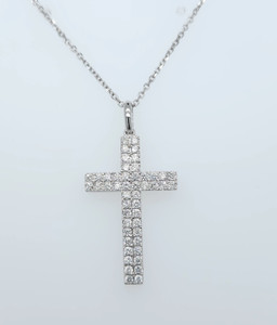 14K White Gold Diamond Double Row Cross Necklace 0.90 CTW