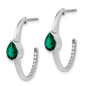 14k White Gold Pear Created Emerald and Diamond J-Hoop Earrings