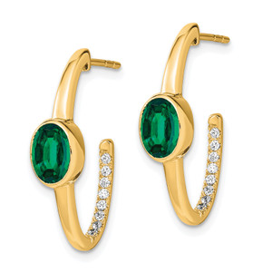 14k Oval Created Emerald and Diamond J-Hoop Earrings