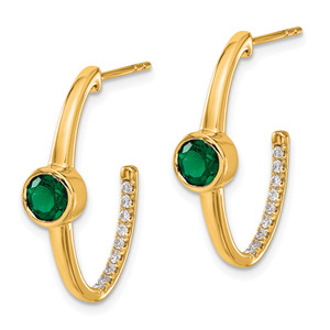 14k Created Emerald and Diamond J-Hoop Earrings