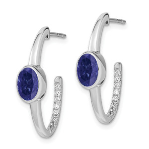 14k White Gold Oval Created Sapphire and Diamond J-Hoop Earrings