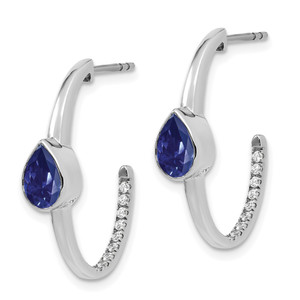 14k White Gold Pear Created Sapphire and Diamond J-Hoop Earrings