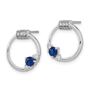 14k White Polished Diamond and Blue Sapphire Circle Post Earrings