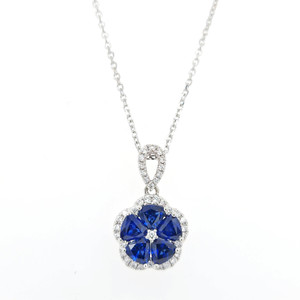 Sapphire & Diamond Flower Halo Necklace in 18K White Gold 2.60 CTW