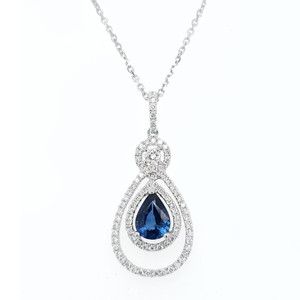 Sapphire & Diamond Halo Necklace in 18K White Gold 0.60 CTW