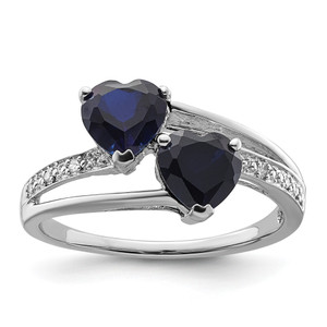 Sterling Silver Polished Created Sapphire and Diamond Double Heart Ring RLS5883/CRSA-SSPS53