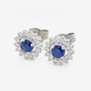 14k White Gold Halo Diamond and Sapphire Earrings 0.65 CTW
