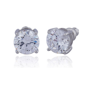 Sterling Silver  "Glamorous" Rhodium Plated 8Mm Cubic Zirconia Stud Earring