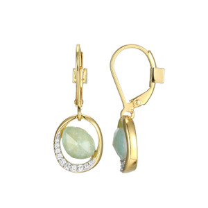 Sterling Silver  Elle "Treasure" Yellow Gold And Rhodium Plated Doublet, Genuine White Crystal And Amazonite With Clear Cubic Zirconia Leverback Drop Earring
