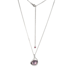 Sterling Silver  Elle "Treasure"   Rhodium Plated Doublet Genuine White Crystal And Amethyst  Pendant On Faceted Diamond Cut Cable Chain 17"+3"