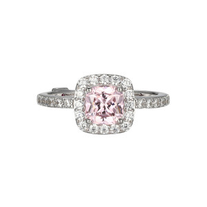 Sterling Silver  Elle " Radiance"  Rhodium  Plated  Cushion Cut Pink And  Clear Cubic Zirconia Halo Ring Size 6