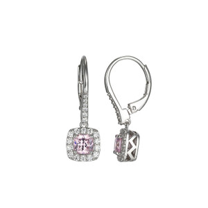 Sterling Silver  Elle " Radiance"  Rhodium  Plated  Cushion Cut Pink And Clear Cubic Zirconia Halo Leverback Earring