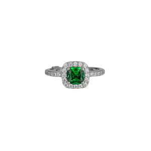 Sterling Silver  Elle " Radiance"  Rhodium  Plated  Cushion Cut Green  And Clear Cubic Zirconia Halo Ring Size 6
