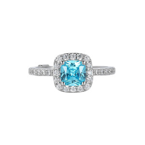 Sterling Silver  Elle " Radiance"  Rhodium  Plated  Cushion Cut Blue And  Clear Cubic Zirconia Halo Ring Size 6