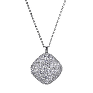 Sterling Silver  Elle "Glimmer" Rhodium Plated Diamond Shape Cubic Zirconia Pendant On A Faceted Rolo Chain 17"+2"