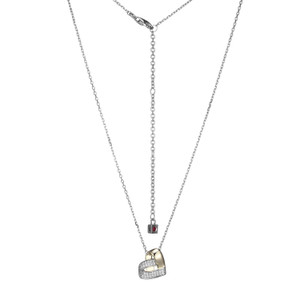 Sterling Silver  Elle "Armour" Rhodium And Yellow Gold Plated Cubic Zirconia Heart Necklace On Diamond Cut Cable Chain 17"+3"