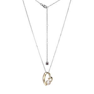 Sterling Silver  Elle "Armour" Rhodium And Yellow Gold Plated Genuine Fresh Water Pearl Heart Necklace On Diamond Cut Cable Chain 17"+3"