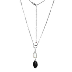 Sterling Silver  Elle "Pebble" Rhodium Plated Black Agate And Mother Of Pearl Pendant On Rolo Chain 17"+3"