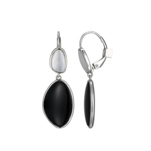 Sterling Silver  Elle "Pebble" Rhodium Plated Black Agate And Mother Of Pearl Drop Earring