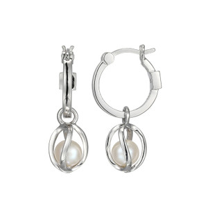 Sterling Silver  Elle "Luna" Rhodium Plated Pearl Drop Hoop 15Mm Earring