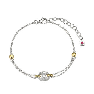 Sterling Silver  Elle "Espion" Rhodium And Yellow Gold Plated  With Cubic Zirconia Marina Link Center On Faceted Rolo Chain Bracelet  6.5" + 1.5"