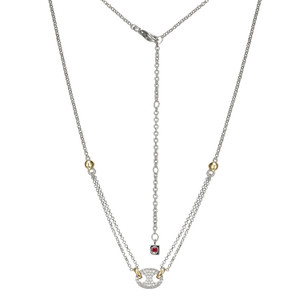 Sterling Silver  Elle "Espion" Rhodium And Yellow Gold Plated  With Cubic Zirconia Marina Link Center On Faceted Rolo Chain Necklace 17" + 3"