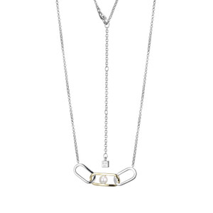Sterling Silver  Elle " Parallel" Rhodium And Yellow Gold Plated Geniune Fresh Water Pearl Frontal Necklace On A Rolo Cable Chain 17" + 3".