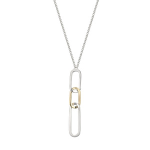 Sterling Silver  Elle "Parallel" Rodium And Yellow Gold Plated Elongated Drop Necklace On A Rolo Chain 28" + 2 "