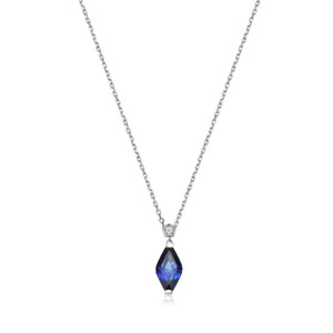 Sterling Silver  Elle " Etoile" Rhodium Plated Created Blue Sapphire And Lab Grown Diamond 1-1.5Pt(F/C H-I/I1) Drop Pendant 17" + 3" Diamond Cut Cable Chain