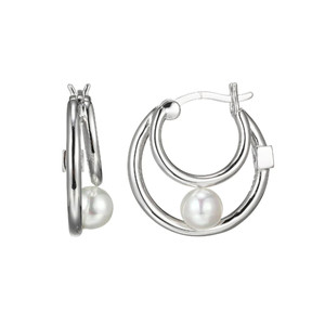 Sterling Silver  Elle " Simpatico" Rhodium Plated White Shell Pearl 5Mm Hoop Earring 18Mm & 12Mm