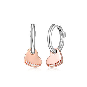 Sterling Silver  Elle " Motif" Rose Gold And Rhodium Plated Cz Heart Hoop Earrings