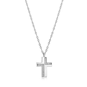 Sterling Silver  Elle " Motif" Rhodium Plated Cz Crosterling Silver  Pendant 17" + 3" Extension Cable Chain