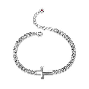 Sterling Silver  Elle " Motif" Rhodium Plated Cz Crosterling Silver  Bracelet 6.5" + 1.5" Extension Curb Chain