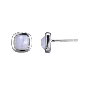 Sterling Silver  Elle " Mirage" Rhodium Plated Genuine 6Mm Cushsion Cut Blue Lace Agate Stud Earring