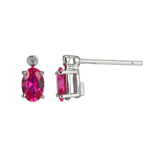 Sterling Silver  Elle "Holiday Stars"  Earrings With Lab Created Ruby (Oval Shape 6X4Mm) And Lab Grown Diamond (Total Weight 2Pt, F/C, H-I/I1), Post Back, Rhodium Plated