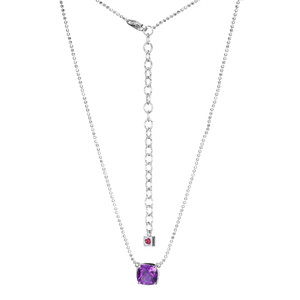 Sterling Silver  Elle "Marble" Rhodium Plated 8Mm Genuine Amethyst Cushion Cut Necklace 17"+ 3" Extension