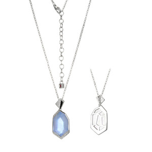Sterling Silver  Elle"Iceberg" Rhodium Plated Genuine White Mother Of Pearl & Synthetic Blue Topaz Doublet 20X12.5Mm With Cz Necklace 18"+ 2" Extension