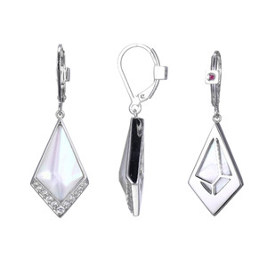 Sterling Silver  Elle"Iceberg" Rhodium Plated Genuine White Mother Of Pearl & White Crystal Doublet 16.8X10.5Mm With Cz Dangle Earring