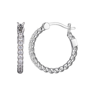 Sterling Silver  Elle "Nautical" Rhodium Plated Rope Finish With 1.5Mm Round Cz 18Mm Round Hoop