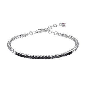 Sterling Silver  Elle "Nautical" Rhdoum Plated Rope Bangle With Genuine 2.5Mm Round Black Spinel  & Lobster Closure 6.5"