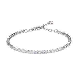 Sterling Silver  Elle "Nautical" Rhdoum Plated Rope Bangle With 2.5Mm Round Cz  & Lobster Closure 6.5"