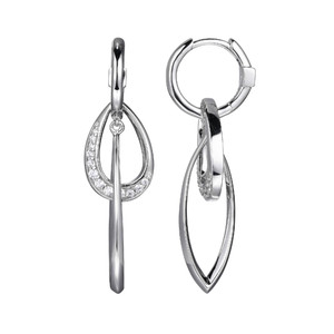Sterling Silver  Elle "Swing" Rhodium Plated Interlocking Marquise & Pear Link Pave Cz Dangle With 12Mm Hoop
